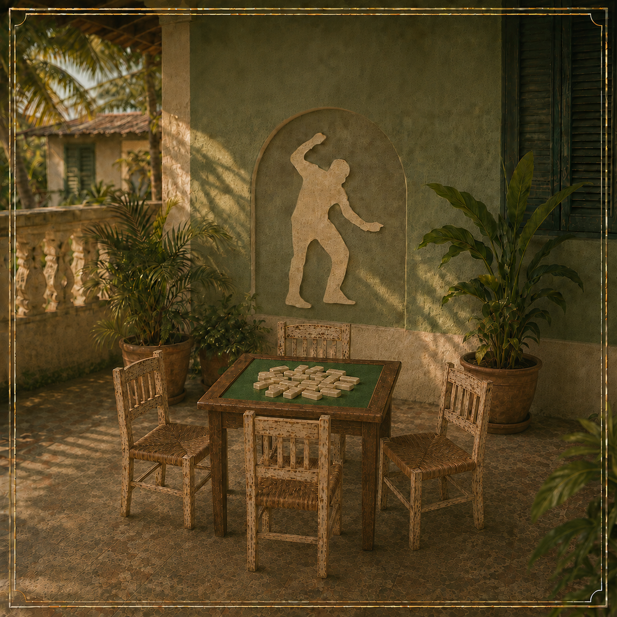 An elegant Jamaican courtyard with a domino table and four chairs